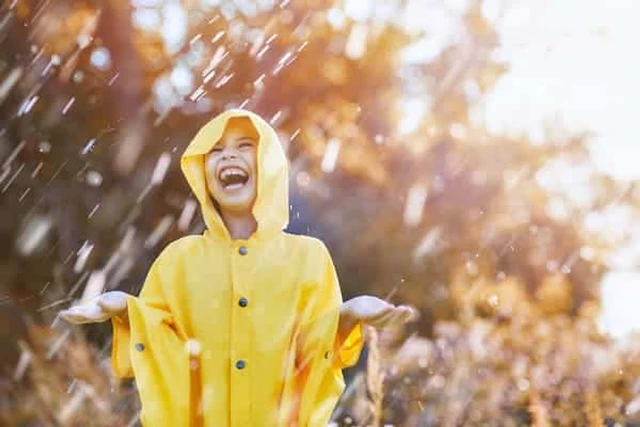 穿黄色雨衣在雨中玩耍的孩子