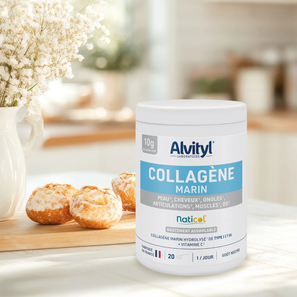 Alvityl® Collagène Marin：罐装产品与柑橘、水杯