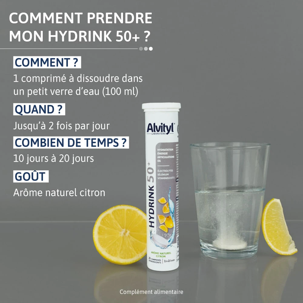 Alvityl® Hydrink 50+：泡腾片溶解与使用说明图