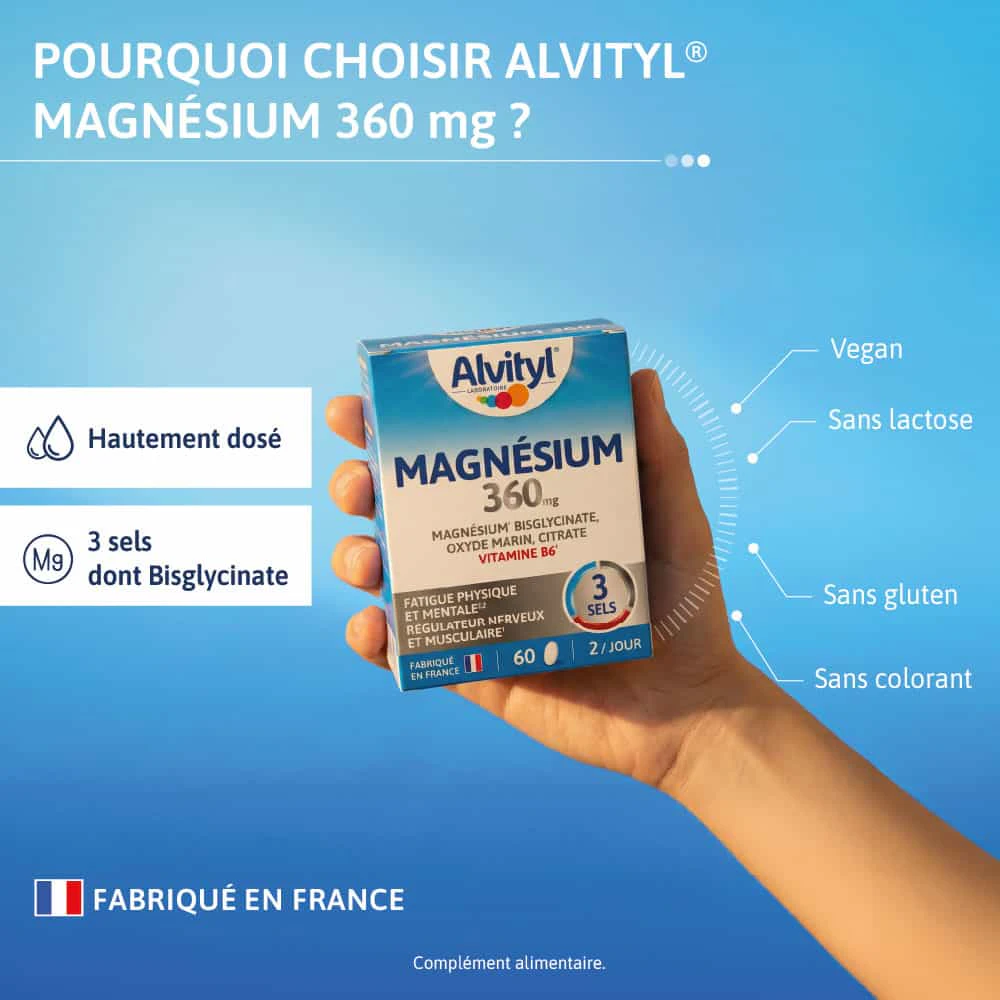 Alvityl® Magnésium 360mg：手持产品包装与特点说明