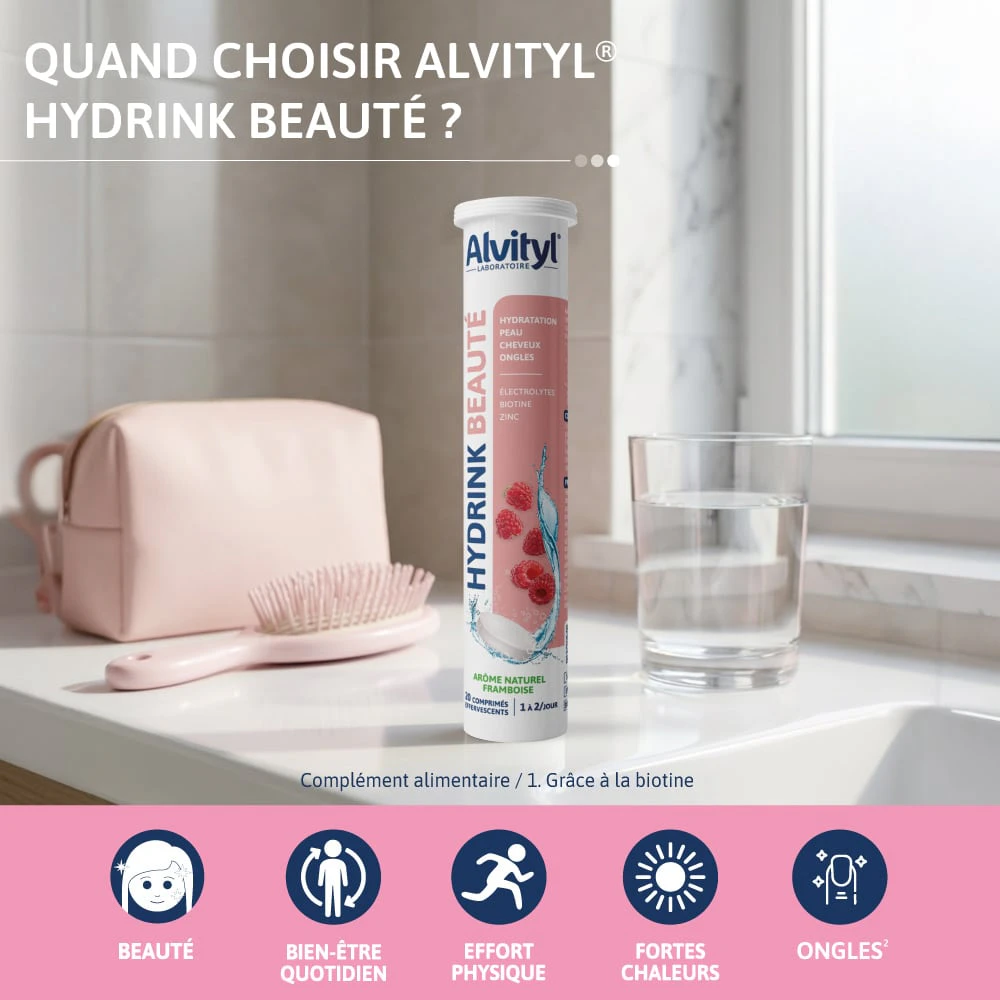 Alvityl® Hydrink Beauté:产品包装与居家水杯场景